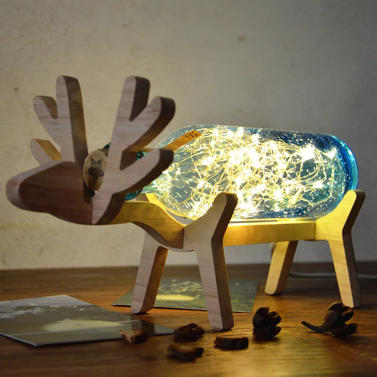 Holz Deer Schreibtisch Nacht Licht Schlafzimmer Blau Grau Glas Flasche Studie String LED Tisch Lampe Weihnachten USB Art Deco Beleuchtung geburtstag