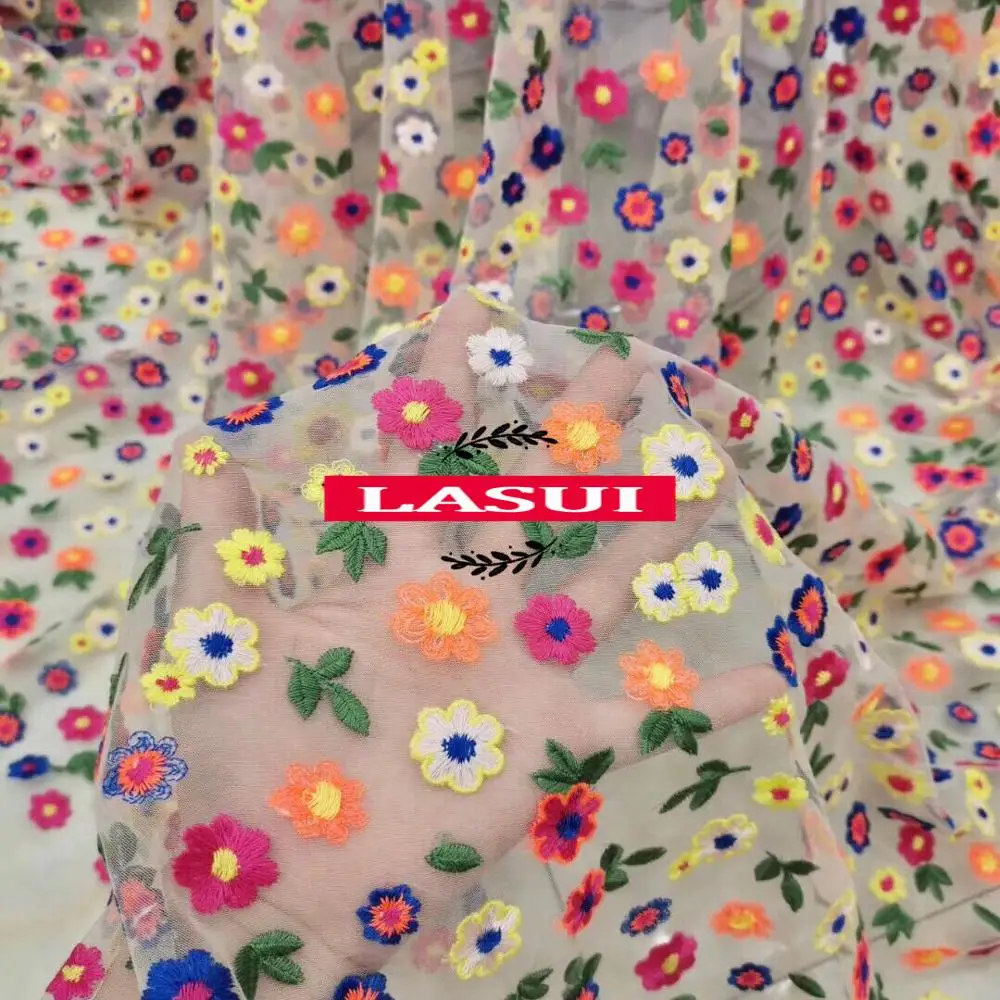 

LASUI 2019 NEW 3 yards X0545 FOR Dress decoration sewing TOP soft mesh Multicolor cotton thread flower embroidered lace fabric