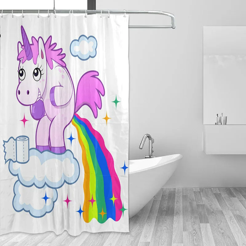 Preciosa cortina de ducha de unicornio de dibujos animados, caca de Animal sonriente, tela impermeable de arcoíris, cortinas de baño, cortina resistente al moho