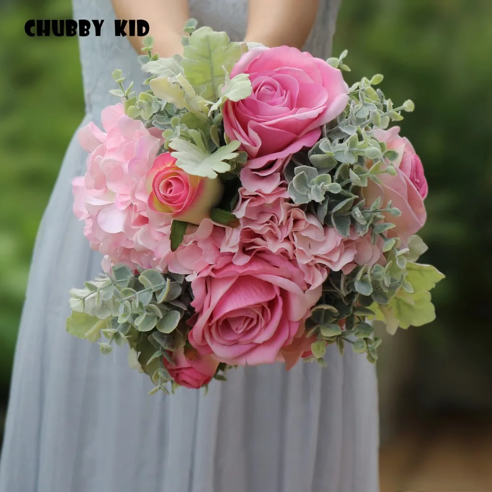 High simulation Wedding Bouquet Artificial Flower Rose buque casamento Bridal Bouquet for Wedding Decoration Pink green 2018 NEW