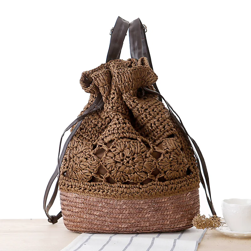 Women\'s Backpacks Summer Straw Bags Drawstring Flower Hollow Out Handmade Knitted Travel Backpack Design For Girls B-019