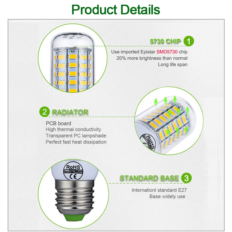 Lâmpada de milho LED para ampola doméstica, E27, E14, SMD5730, 220V, 24, 36, 48, 56, 69, 72LEDs, candelabro, vela