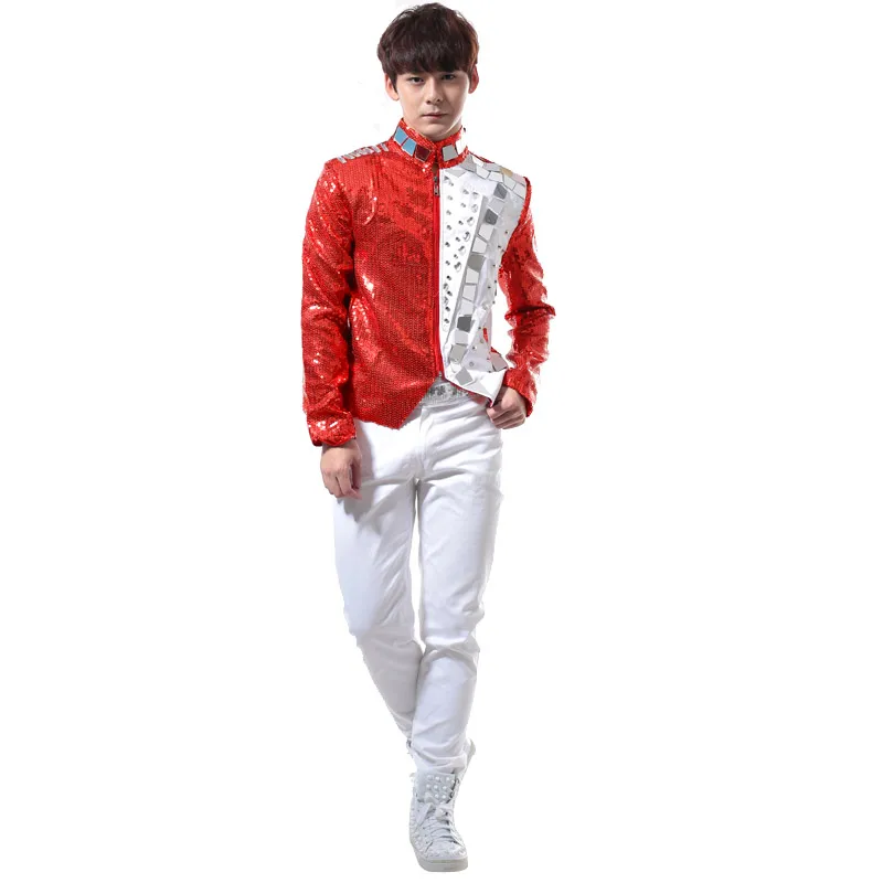 Men Red Sequins Mirror Rivet Jacket Zipper Slim Coat Bar Nightclub Male Singer DJ Rock Punk Jazz Dance Costume Singer Stage Wear