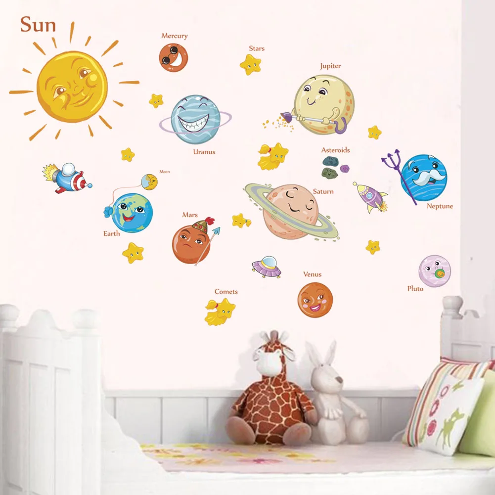 Cute Solar System Cartoon wall stickers for kids rooms Stars outer space planets Earth Sun Saturn Mars poster Mural school decor