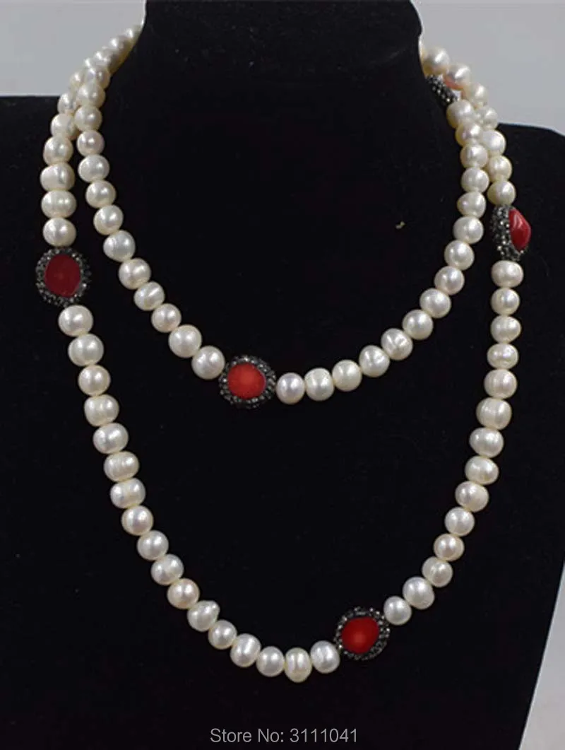 freshwater pearl white near round 8-9mm and red bamboo coral baroque flat/pillar  necklace 80cm FPPJ wholesale beads nature