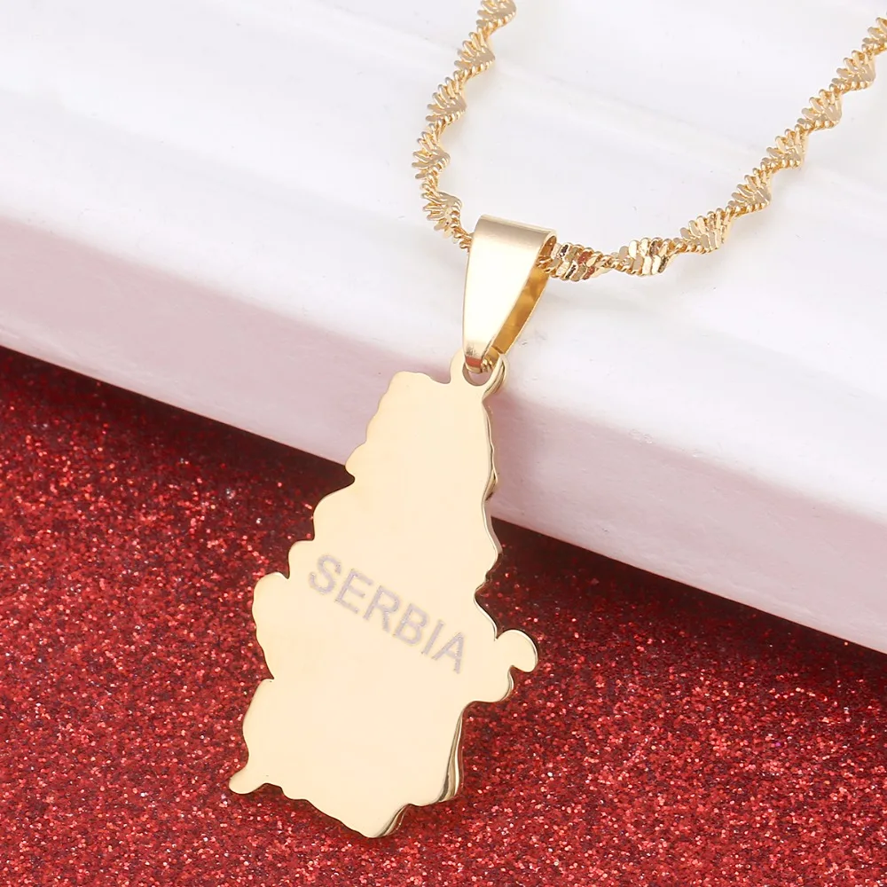 Stainless Steel Serbia Map Pendant Necklaces for Women Girls Gold Color Srbija Jewelry Serbian Gifts