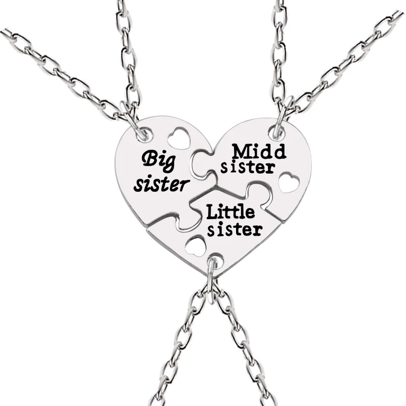 3Pcs Big Sister Middle Sister Little  Necklace Women Hollow Heart Puzzle Sis Friend Pendant Family Jewelry Gifts