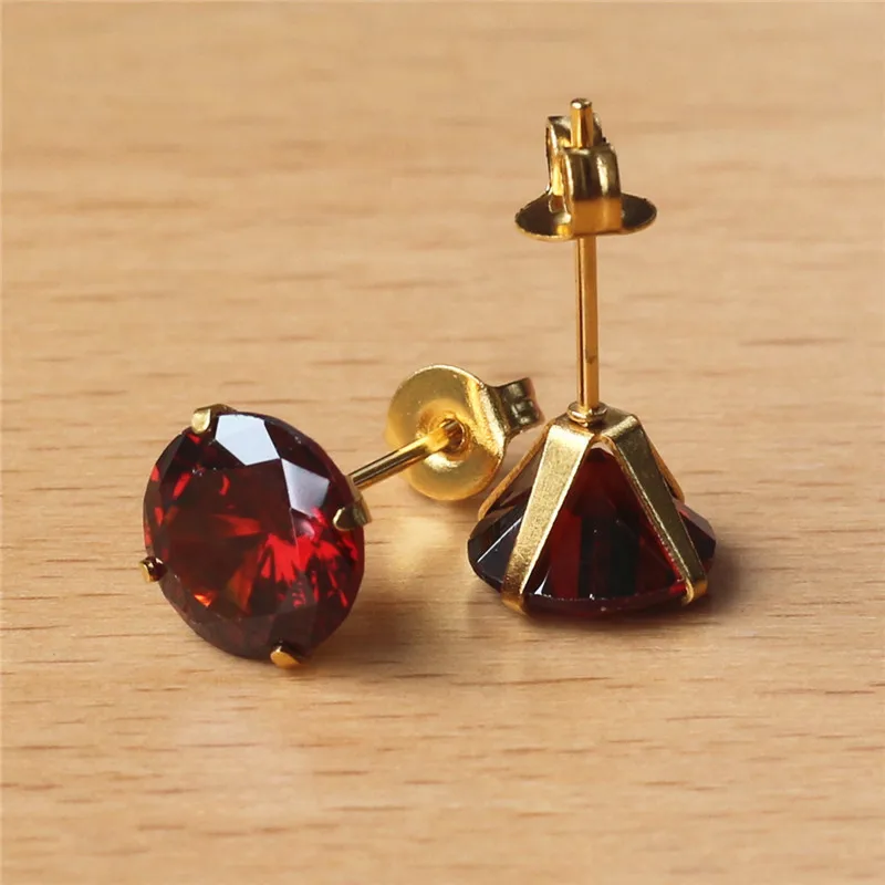 Stainless Steel Gold-color Vacuum Plating With 8mm Round AAA Pomegranate Red Zircon Stud Earrings 201903011428