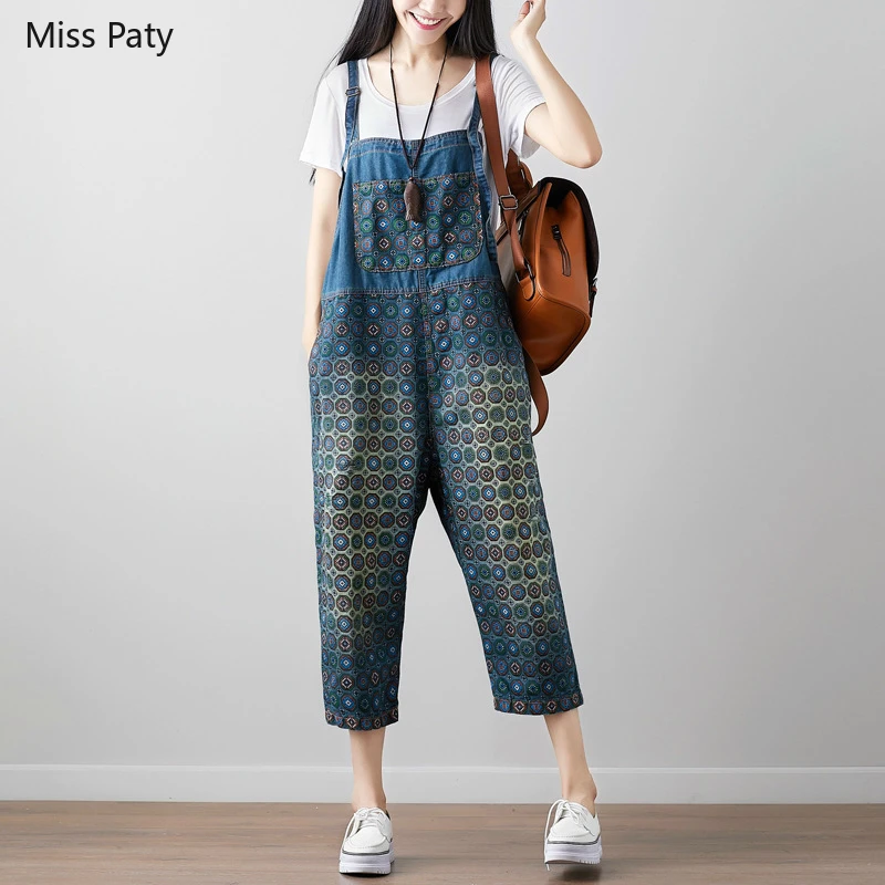 summer print flower denim overalls boyfriend jumpsuits high waisted mom jeans for women wide leg rompers pants new trousers