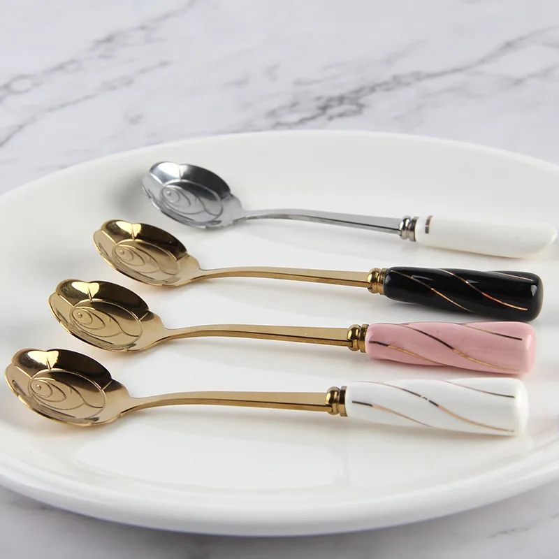 Tableware Coffee Stirring Spoon Ceramic Handle Flower Scoop Stainless Steel Gold Plated Cherry Rose Spoons Kitchen Tools