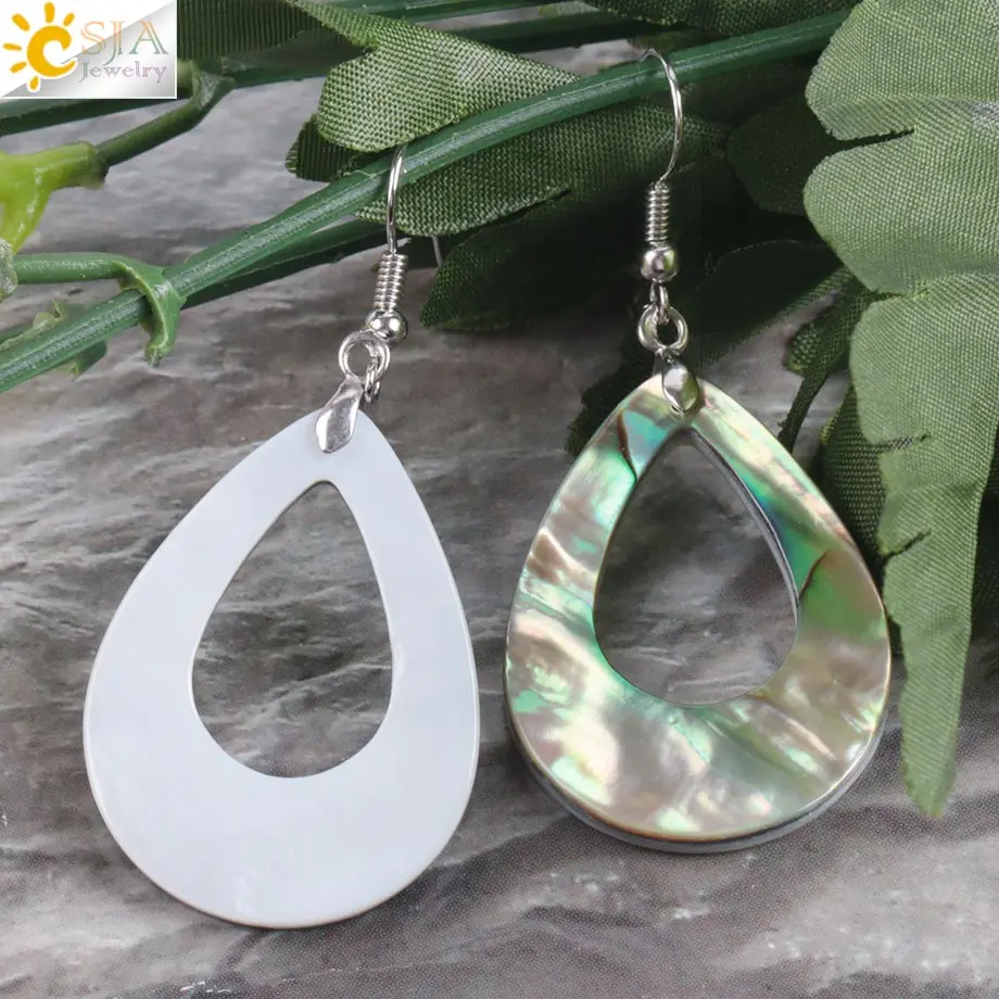 CSJA Natural Abalone Shell Earring Bead Gem Stones Pendant Pear Shape Water Drop Hook Earring for Women Fashion Jewelry E903