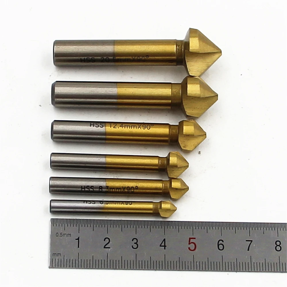Broca avellanadora de vástago redondo, HSS, 3 flauta, metales duros, titanio, Chaflán de tres bordes, fresa de extremo de biselado, 6 unids/set