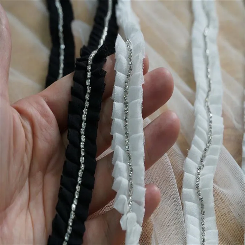 White / Black Rhinestone Trim DIY Decor Accessories Chiffon Ruffle Lace Rhinestone Chain for Weddings Lace Headbands 5 yards