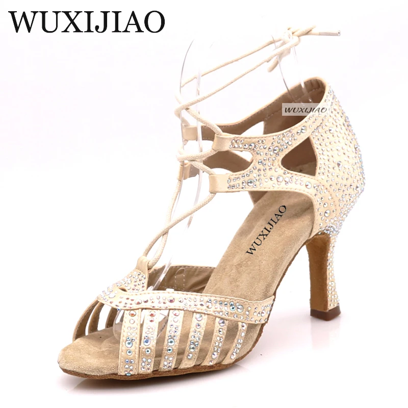 

WUXIJIAO New Beige and Black satin Salsa Dance Shoes Soft Bottom Latin Kizomba Tango Ballroom Dance Shoes Heel 6/7.5/8.5/10cm