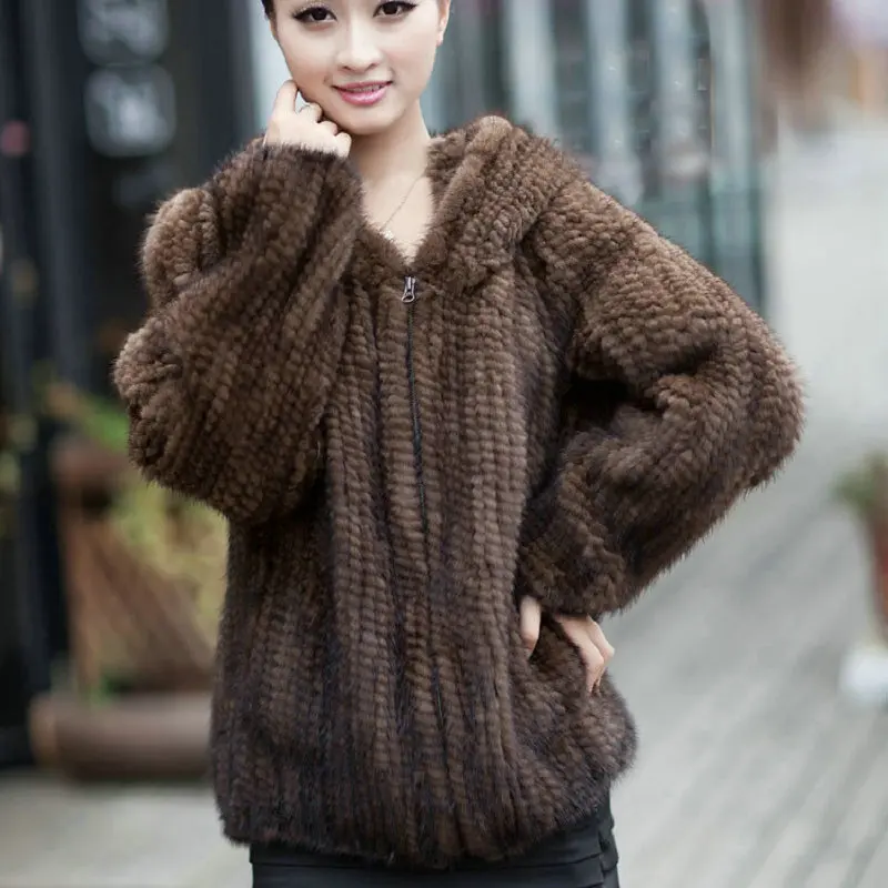 

Free shipping Real Knitted Mink Fur Women Coats Fashion Long Sleeve Design Female Fur Winter Jacket With Hood Mink Coat