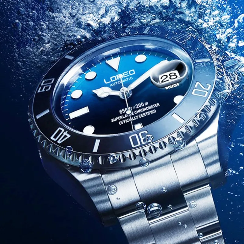 LOREO New 200M Waterproof Mens Sport Watch Luxury brand Automatic Mechanical Watch Sapphire Screw Crown Rotatable Bezel Luminous