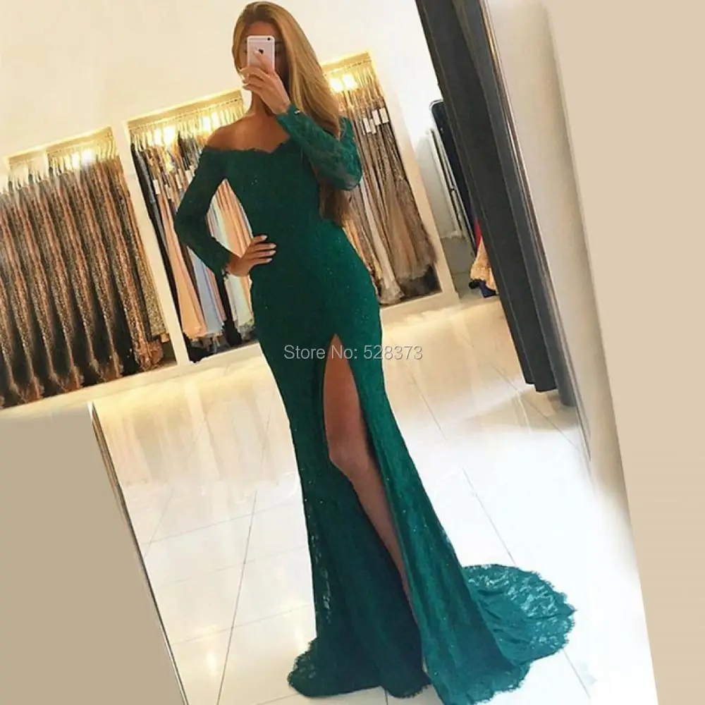 YNQNFS ED44 Robe De Soiree Vestido de Festa Longo Long Sleeve High Leg Slit Party Evening Mermaid Dress Lace