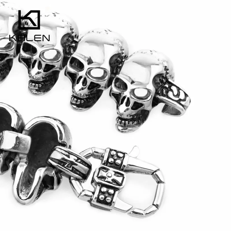 Kalen Skull Charm Men\'s Hand Bracelet Stainless Steel Punk Skeleton Male Wrap Metal Vintage Bangle European Punk Jewelry Gift