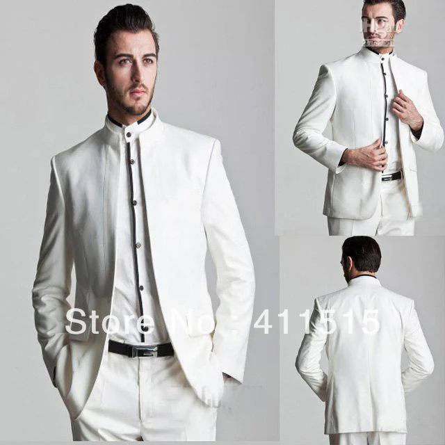 

Free shipping/custom made cheap New Style White Groom Tuxedos Mandarin Lapel Groomsmen Men for dress Wedding groom wear Suits