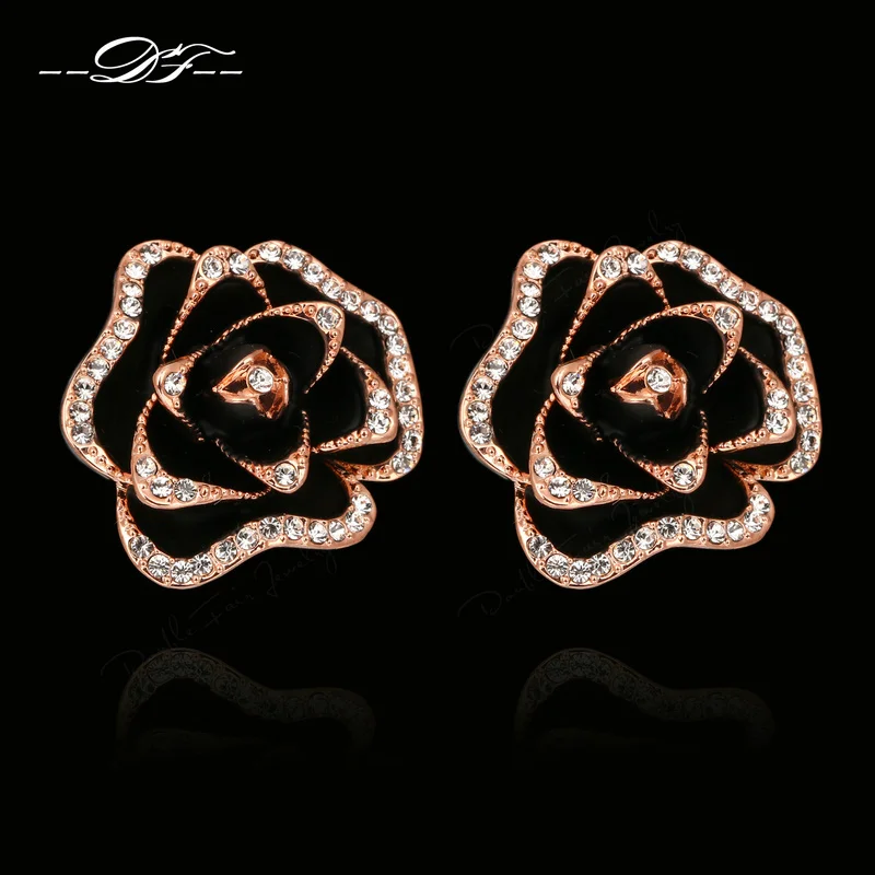 Black Rose Flowers Cubic Zirconia Crystal Stud Earrings Rose Gold Color Fashion Vintage Jewelry For Women brincos joias DFE729