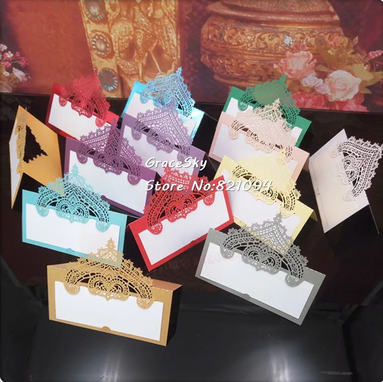 

50pcs/lot laser cut Elegant Lace Crown Wedding invitation Table cards place seat name cards Baby shower party Table decoration