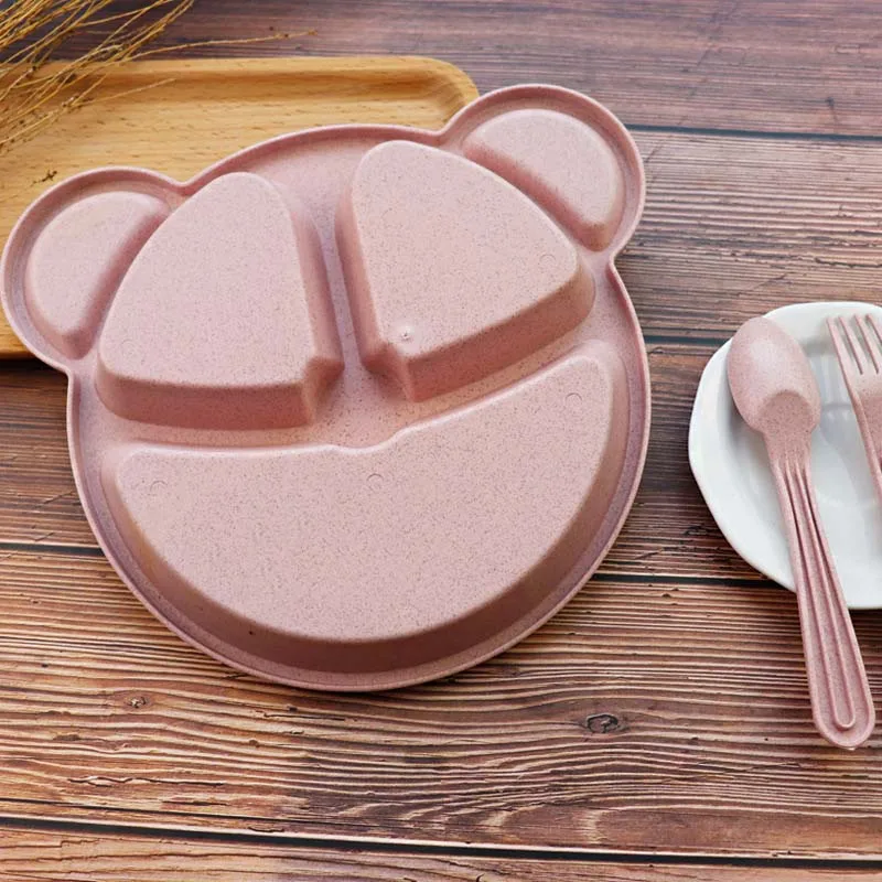 Baby bowl+spoon+fork Feeding Food Tableware Set Cartoon Bear Kids Dishes Eating Dinnerware Anti-hot Wheat Straw Training Plate