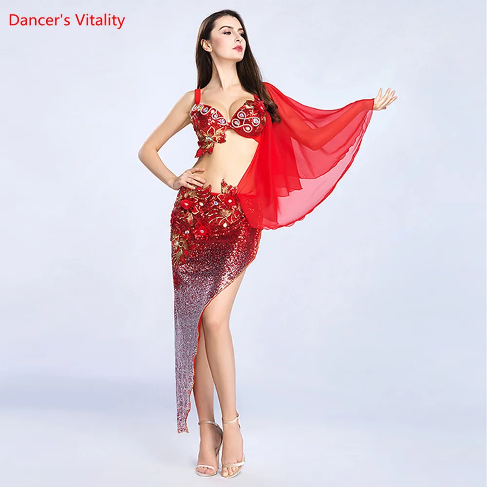 The New 2pcs. Luxurious Costume Women\'s Dancer Stage Show Wearing Bra +Triangle Dress Skirt Suit For Belly Dance Dance Wear