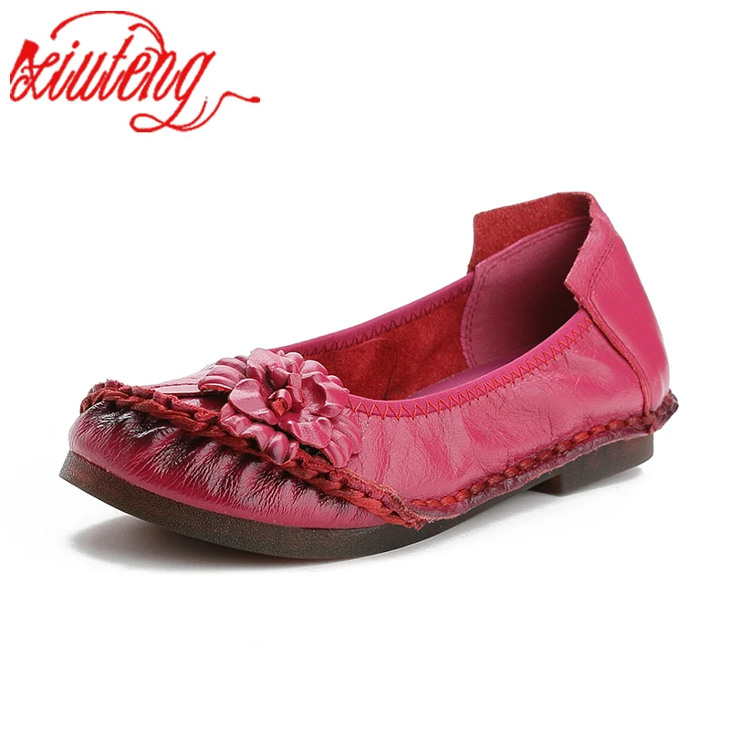 Xiuteng Genuine Leather Women Shoes Casual Flower Single Flat Round Toe Style Boat Shoes Soft Comfortable Women Flats 2021 New