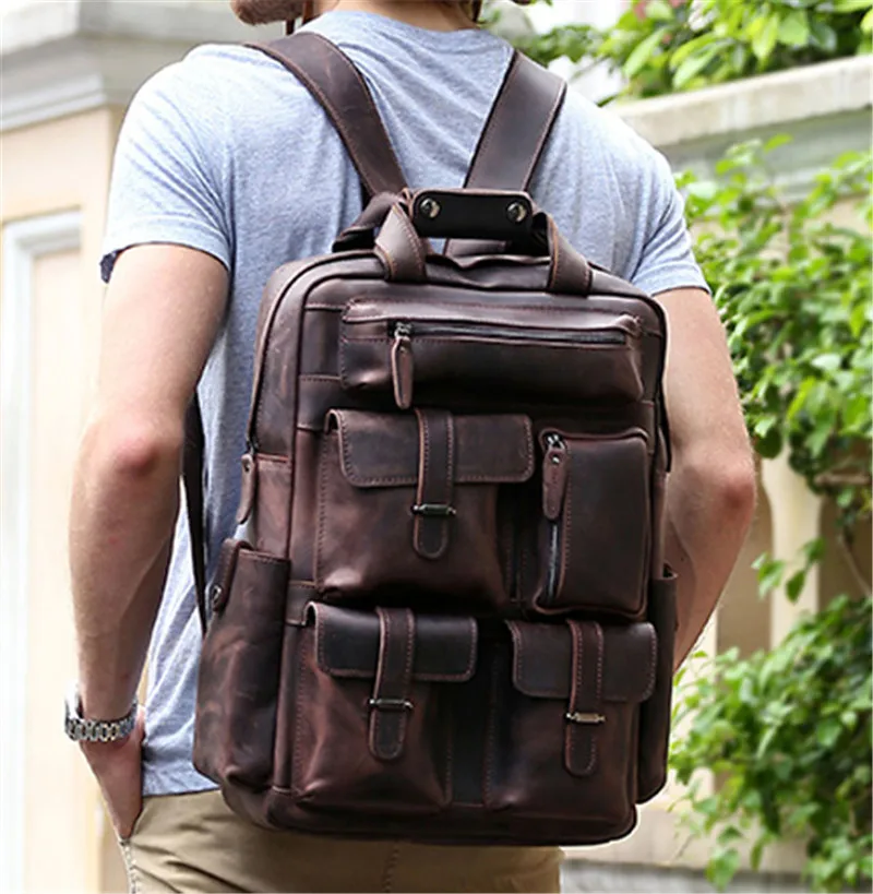 Vintage Crazy Horse Genuine Leather Backpack Men Bagpack Large Male Travel Backpacks School Backpack Book Bags Hiking Daypack