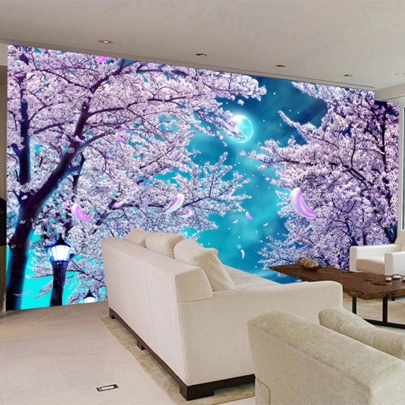 Kustom ukuran Mural Wallpaper 3D langit biru bunga sakura pohon bunga kain dinding lanskap Modern ruang tamu kertas De Parede