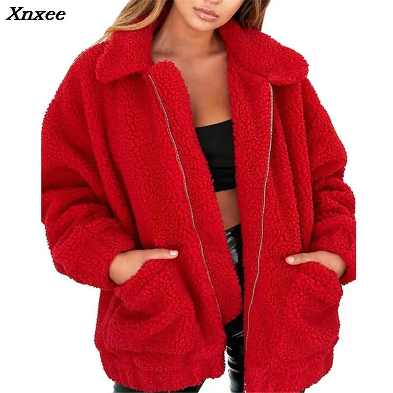 

Women Autumn Winter Warm Soft Jacket Thick Plush Zipper Overcoat Short Outerwear Lapel Sweatshirt Fleece Fur Coat Xnxee