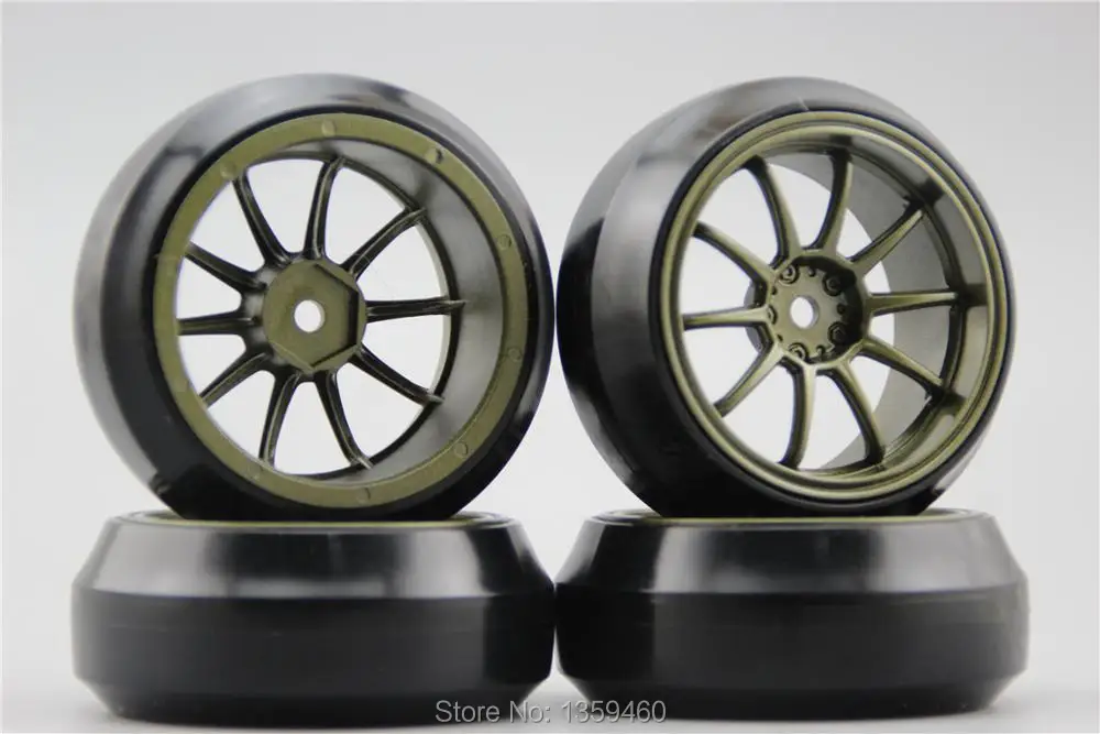 4 pz RC 1/10 Drift Disco Pneumatico della gomma della Rotella Rim W10S2BR 4mm Offset (Pittura Brozen) Adatto Per 1:10 Auto Drift