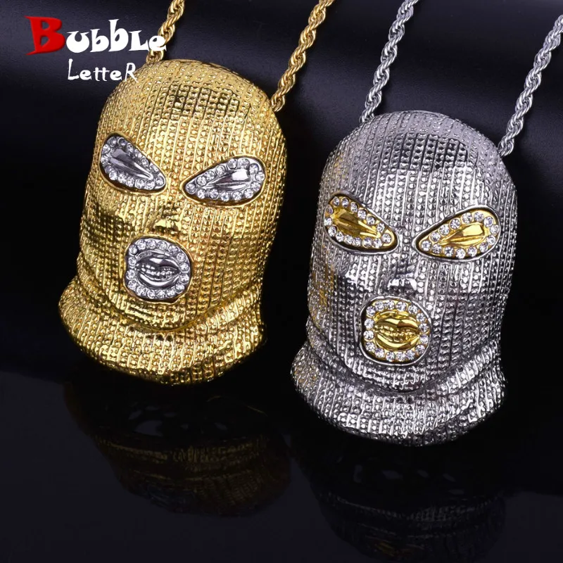 Collana con ciondolo lettera a bolle stile Punk Bling strass Color oro maschera testa fascino gioielli Rock da uomo regalo di alta qualità