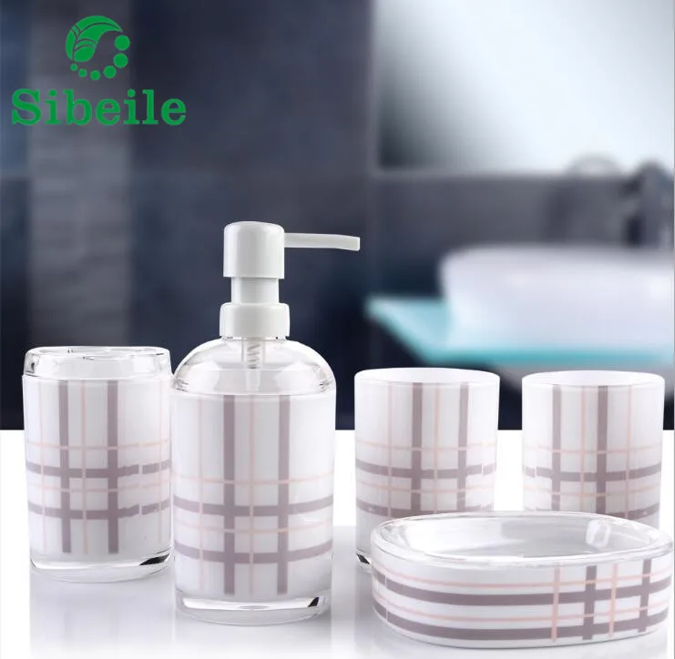 SBLE Acrylic Bath Series Bathroom Set Accessory Eco-friendly Round Check Design Soap Dish Cups Lotion Bottle 5 pics