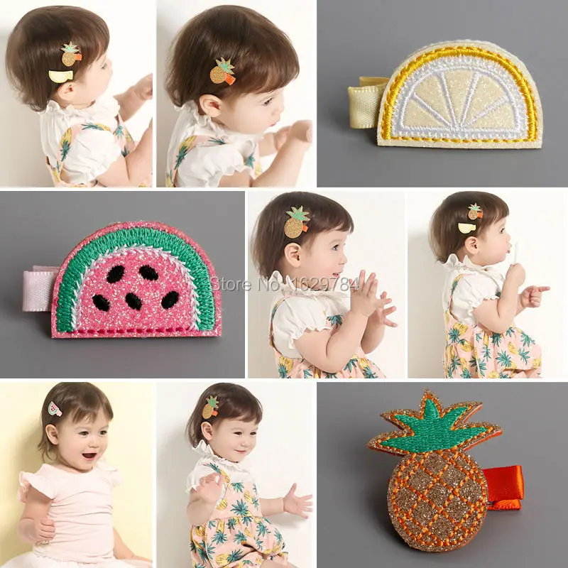 15pcs Fashion Cute Embroidery Watermelon Pineapple Hairpins Solid Kawaii Glitter Fruits Hair Clips Princess Hair Accessories