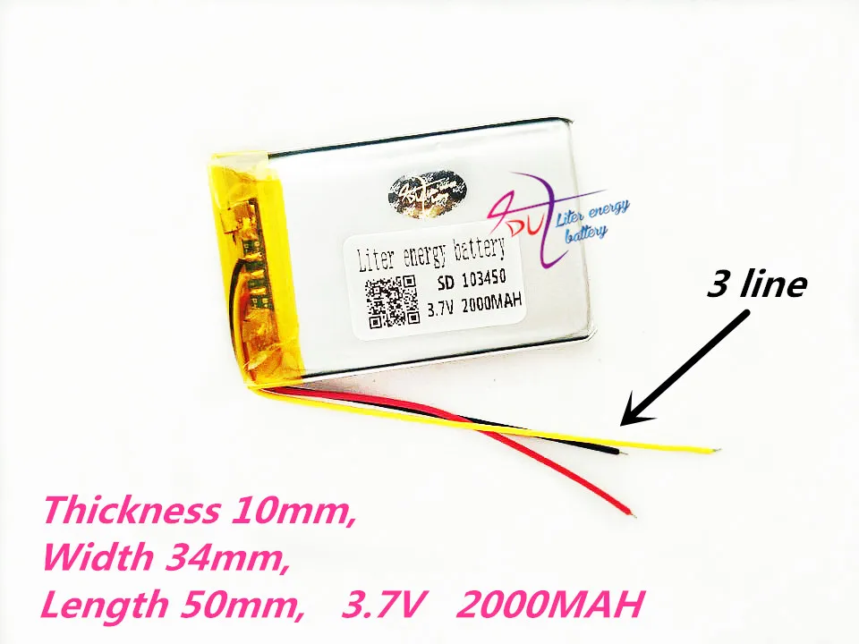 3 wires 103450 3.7V 2000MAH lipo polymer lithium rechargeable battery for MP3 GPS navigator DVD recorder headset e-book camera