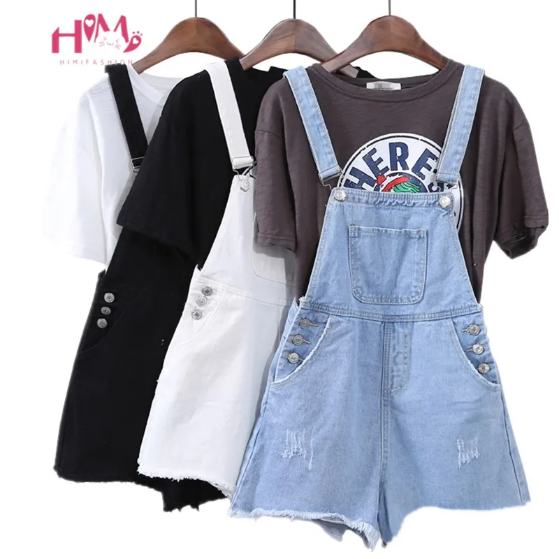 Summer Womens Vintage Denim Rompers Korean Ulzzang Fashion Jumpsuit Overalls Harajuku Tassel Side Button Jean Black Playsuits