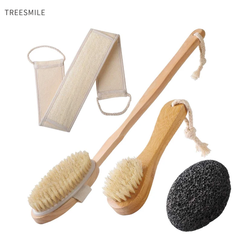 TREESMILE Wooden Bath brush Long Handle Wooden Back Massage Bath Brush Body Clean Brush Natural Bristle Body Dry Brush D30