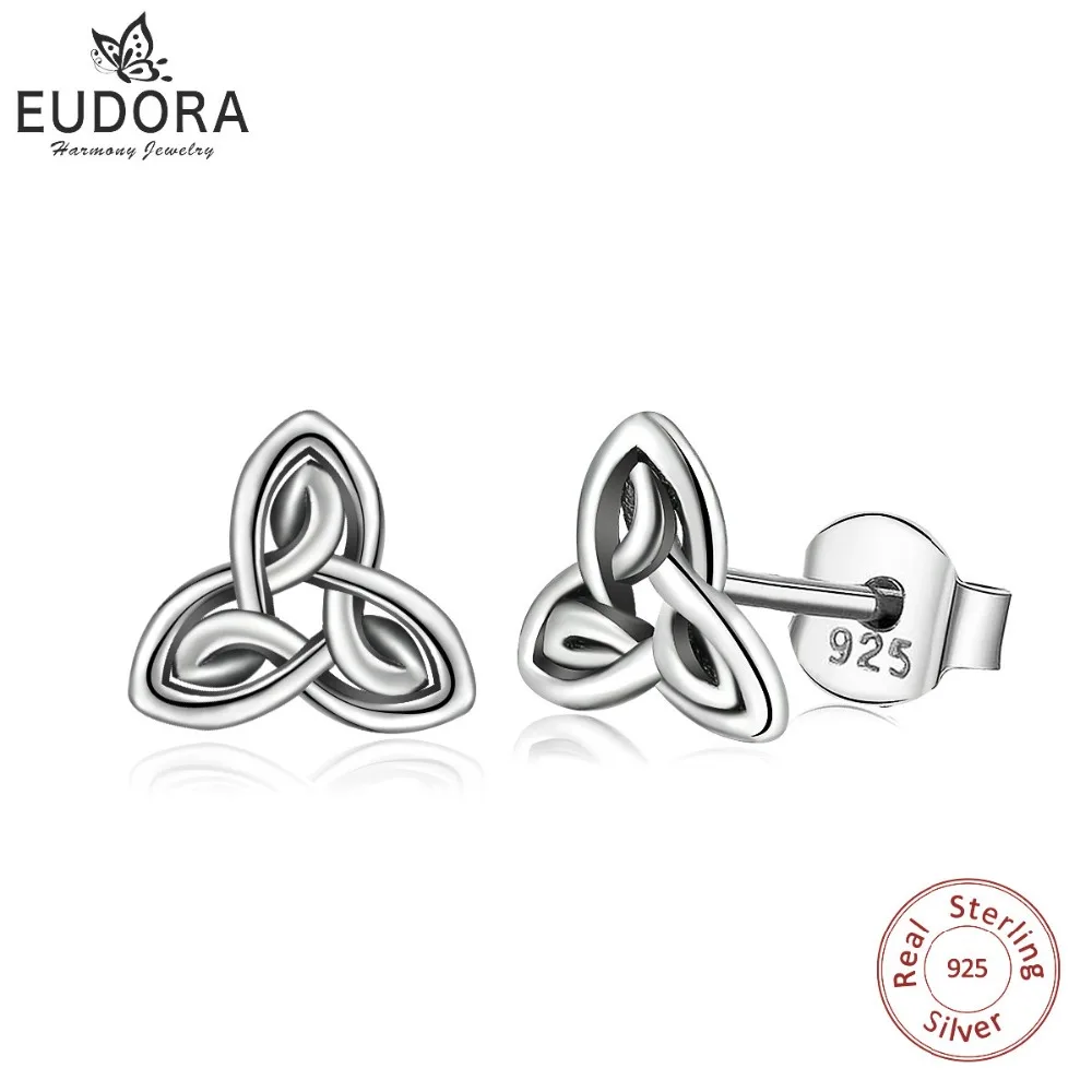 

EUDORA Real Pure 925 Sterling Silver Earring Celtics Knot Triangle Stud Earring Fashion Dangler for Gril Women Fine Gift CYE68