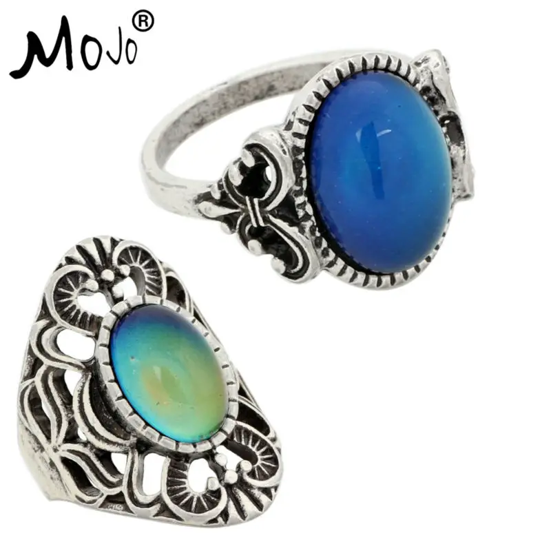 2PCS Antique Silver Plated Color Changing Mood Rings Changing Color Temperature Emotion Feeling Rings Set For Women/Men 008-013