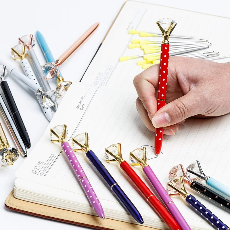 10 Pcs/Pack Metal Ballpoint Pens With Big Diamond Pen Rhinestones Crystal  Black Ink With Different Color,Gift For Girl,student
