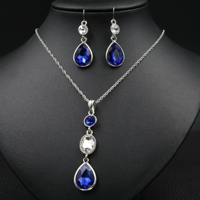 TREAZY 3Colors Fashion Crystal Jewelry Set For Women Teardrop Pendant Necklace Earrings Sets Wedding Party Jewerlry Accessories