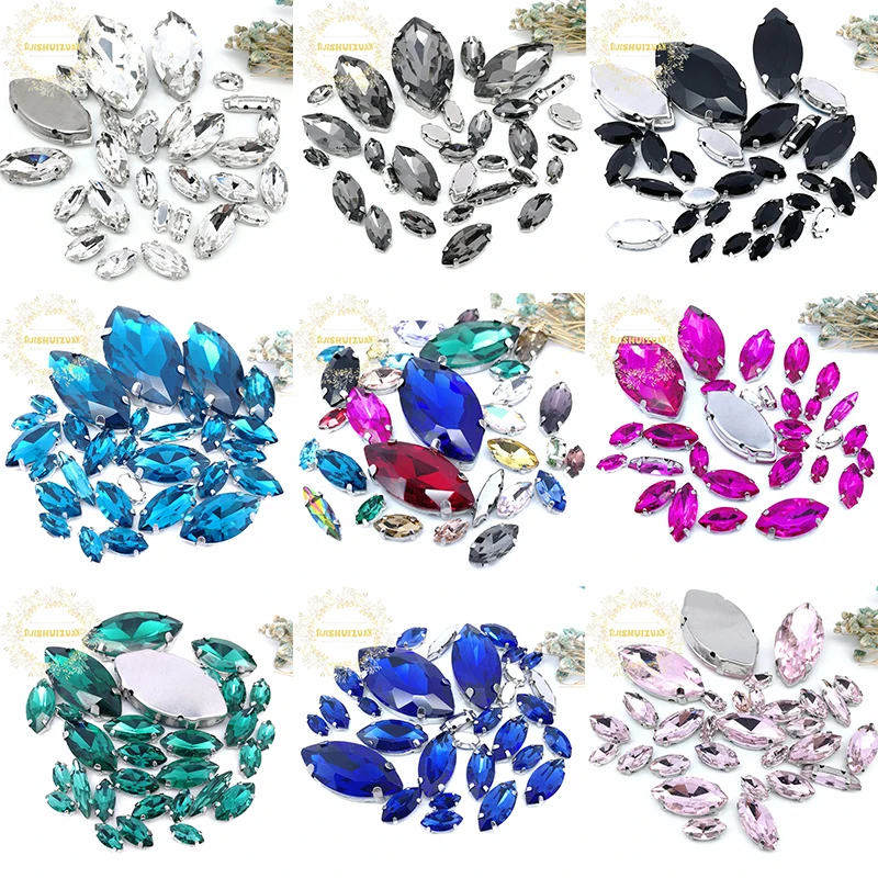 30PCS/Bag 21 Color  Mix Horse Eye Shape Size Glass Crystal Sew on Rhinestones With Silvery Claw Diy Wedding Dress Decoration