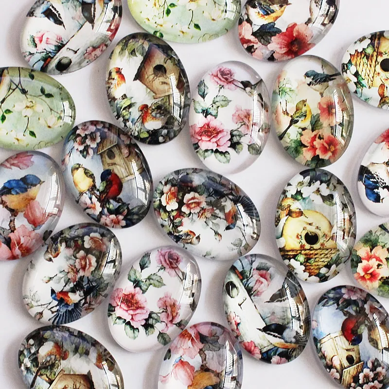 Onebeading 18x25mm Random Mixed Flower Bird Oval Glass Cabochons With Flatback Photo Dome Jewelry Pendant base 20pcs K05397
