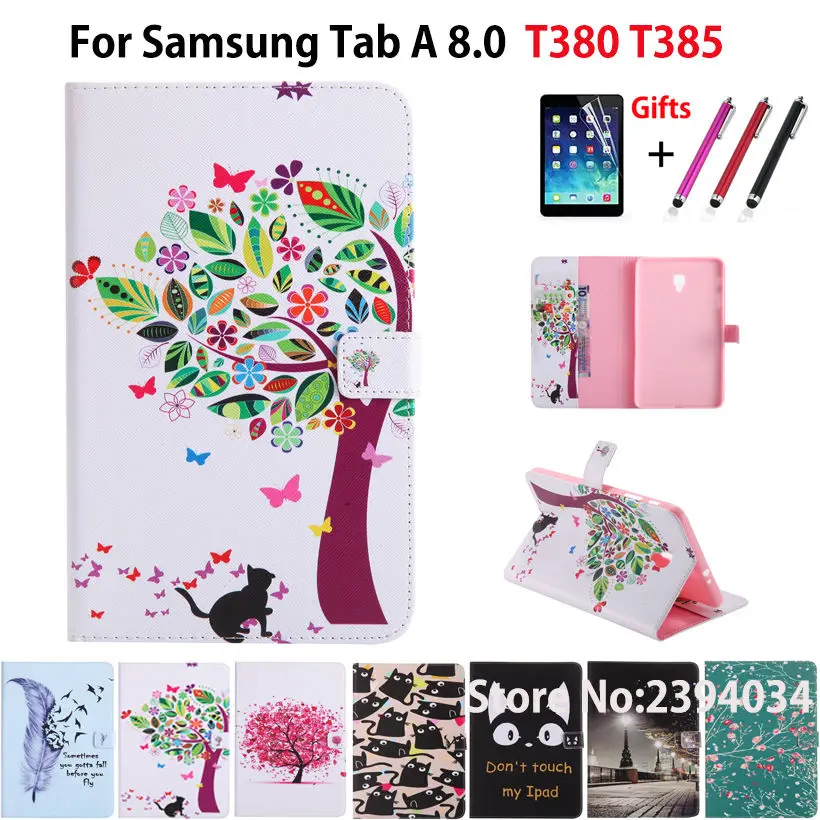 Fashion Cartoon Painting PU leather Case For Samsung Galaxy Tab A 8.0 SM-T380 T385 2017 8.0 inch Cover Tablet Shell +Film+Pen