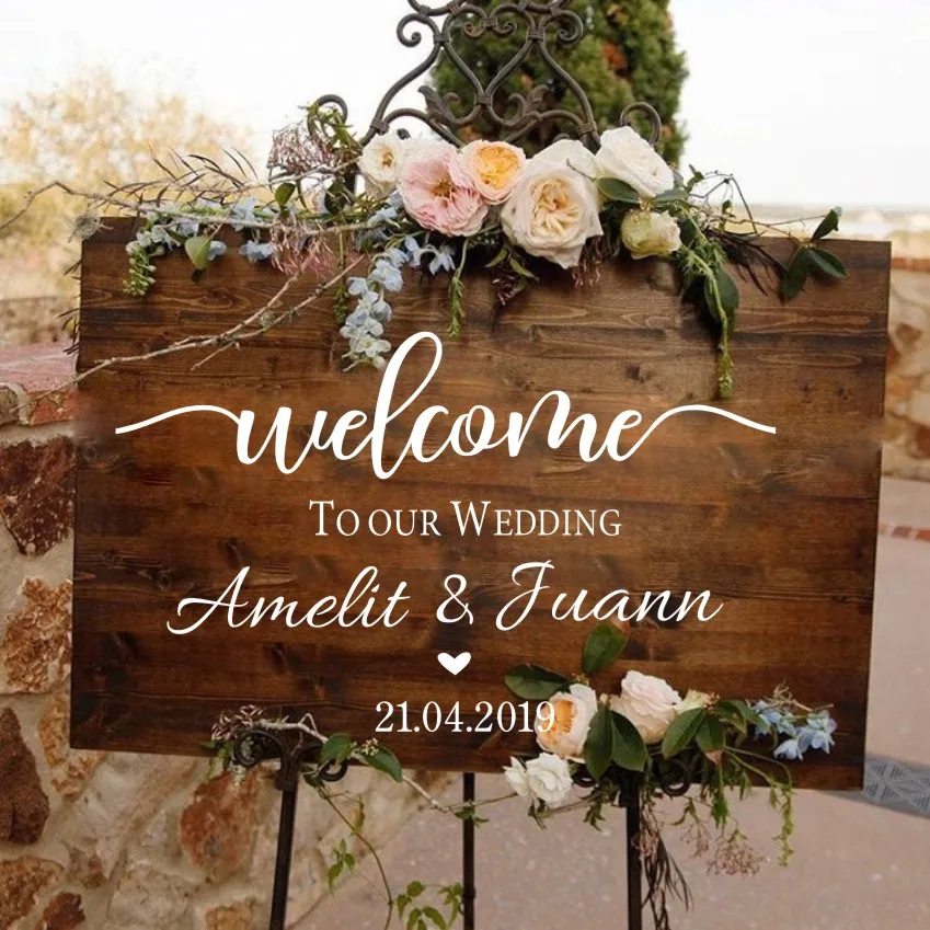 Wedding Ceremony Welcome Sign Wall Sticker Custom Bride Groom Names Vinyl Decal Wedding Board Mirror Murals Décoration AZ841