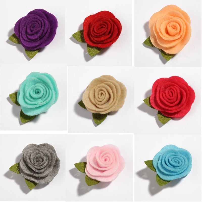 

200PCS 5CM Felt Nonwovens Fabric Flower With Green Leaves For Headband Cute Rolled Rose Hair Flowers For Apparel Accessories