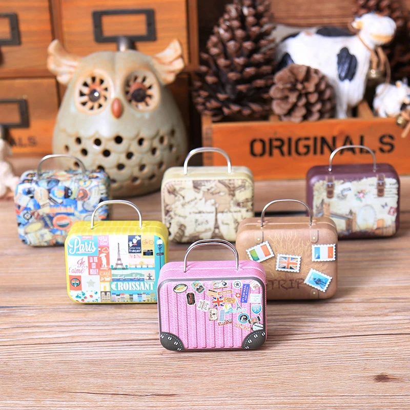 European Style Vintage Suitcase Shape Candy Storage Box Wedding Favor Iron Tin Box Organizer