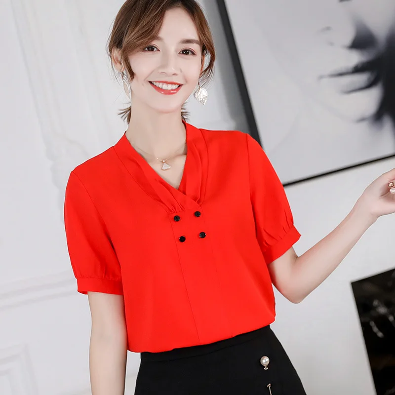 New Korean Chiffon Shirt Female Fashion Pure Color Short Sleeve V Collar Blouse Women Ladies Spring Summer Thin Shirts Top H9105