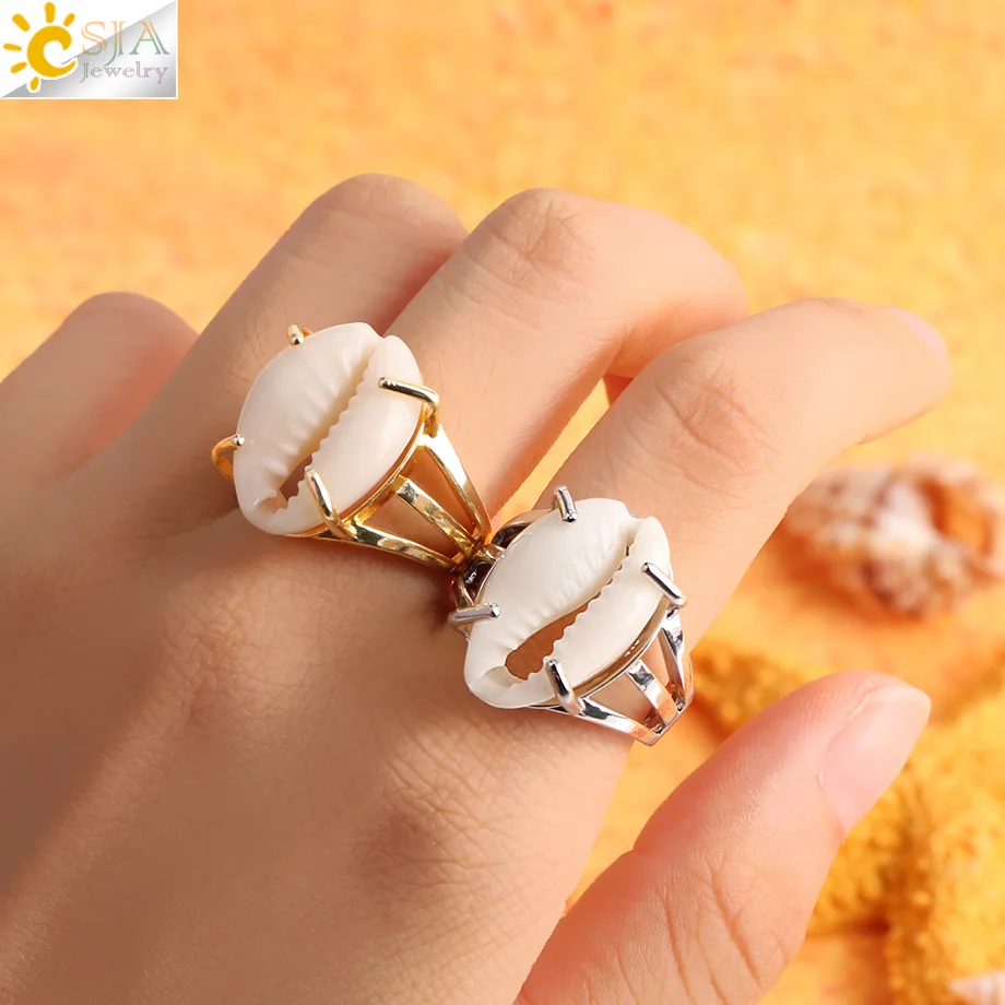 CSJA Natural White Conch Ring for Women Men Seashell Finger Rings Adjustable Silver Color Summer Beach Party Jewellery G057